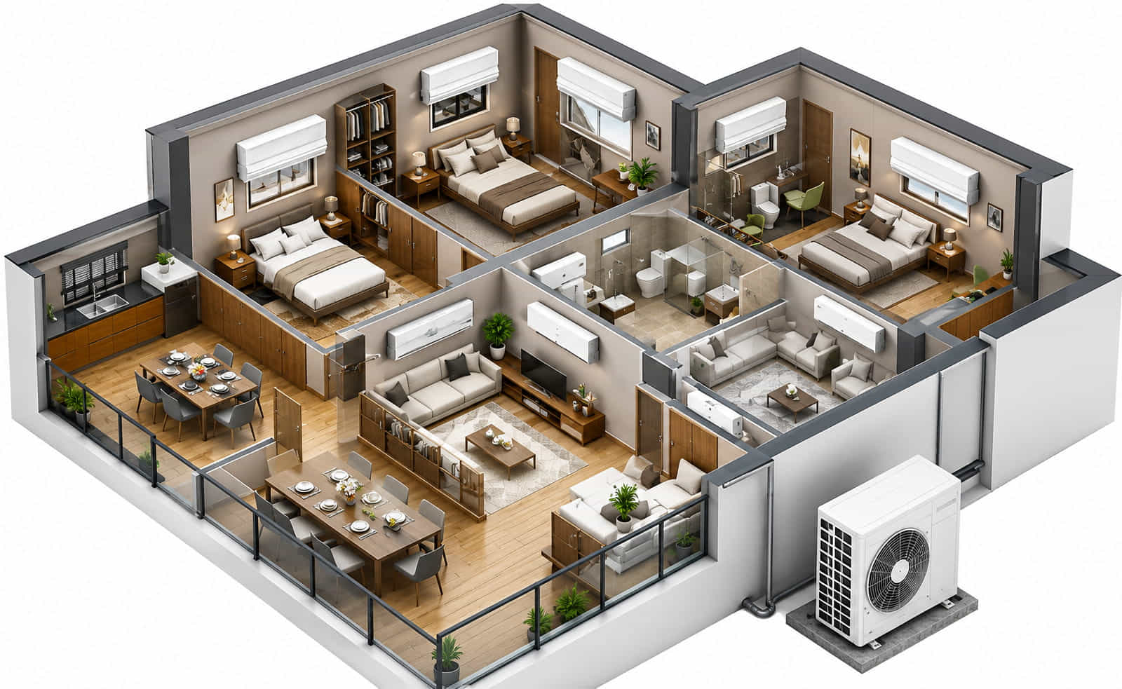 3D cutaway illustration of a UK house showing multiple rooms connected to one outdoor air conditioning unit