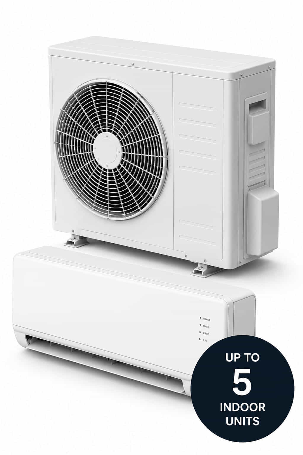 Modern air conditioning outdoor condenser unit with badge showing support for up to 5 indoor units