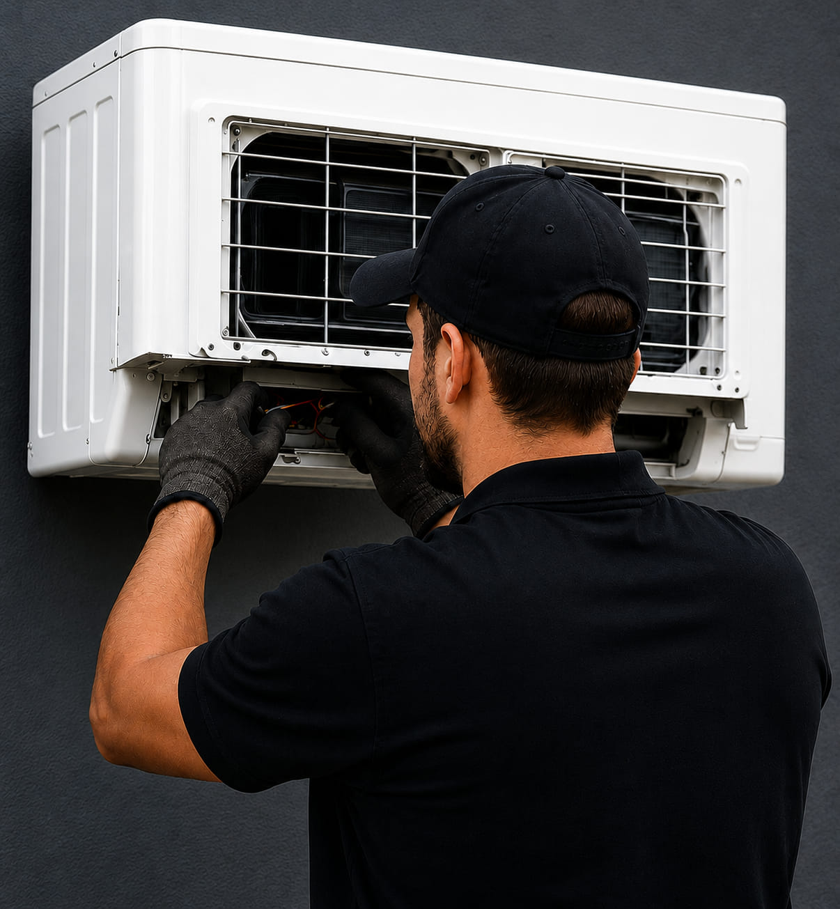 Professional UK HVAC engineer repairing an outdoor air conditioning unit